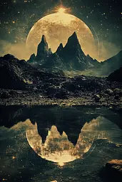 Midjourney generated image using SREF code Golden Quasar: A full moon is reflected in the water of a mountain lake.