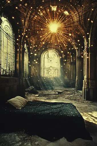 Midjourney generated image using SREF code Golden Quasar: A bed in an abandoned building with a light shining through the windows.