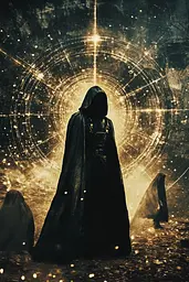 Midjourney generated image using SREF code Golden Quasar: A man in a black cloak standing in front of a circle of light.