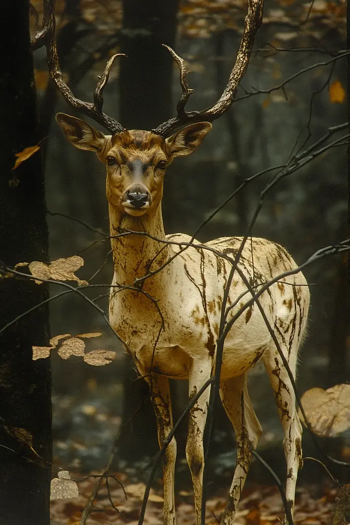 Midjourney generated image using SREF code Golden Convergence: A deer standing in the middle of a forest.