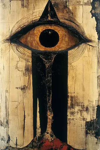 Midjourney generated image using SREF code Golden Convergence: A painting of an all seeing eye on a piece of wood.