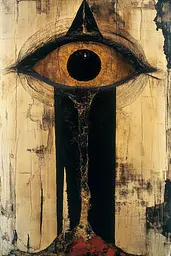 Midjourney generated image using SREF code Golden Convergence: A painting of an all seeing eye on a piece of wood.