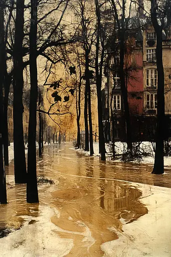 Midjourney generated image using SREF code Golden Convergence: A painting of a snowy street with trees in the foreground.