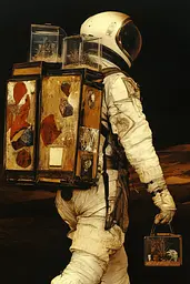 Midjourney generated image using SREF code Golden Convergence: A man in an astronaut suit carrying a box on his back.