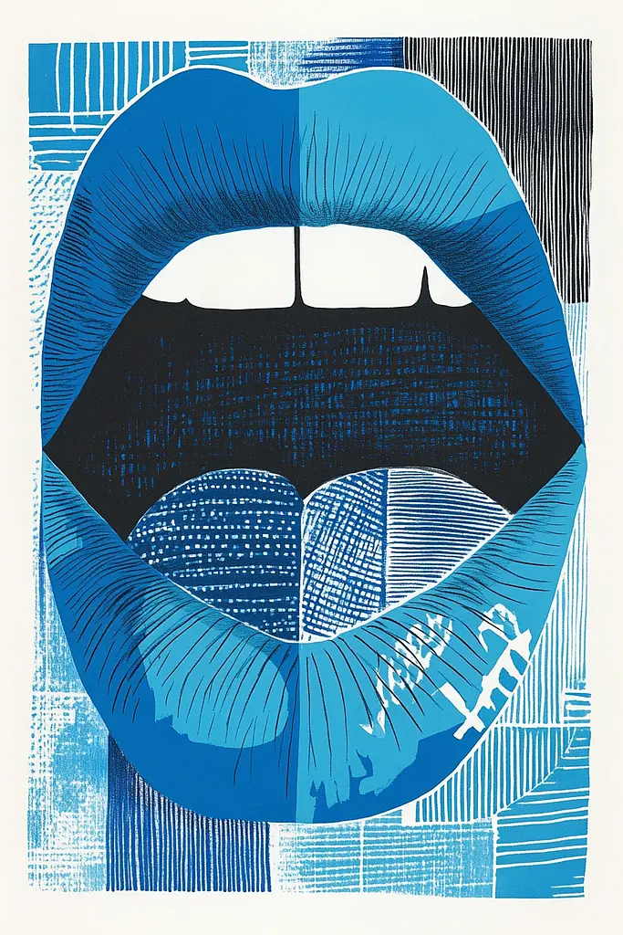 Midjourney generated image using SREF code Azure Palletique: A blue and black print of a woman's mouth.