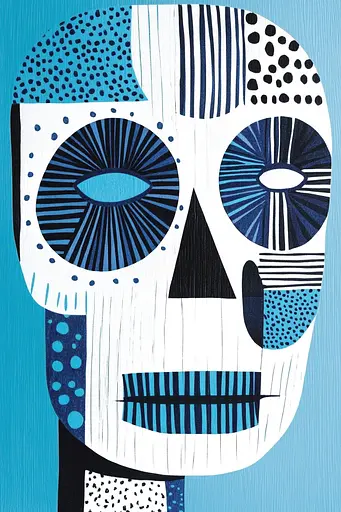 Midjourney generated image using SREF code Azure Palletique: A drawing of a skull on a blue background.