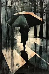 Midjourney generated image using SREF code Ethereal Apparition: A painting of a person walking in the rain with an umbrella.