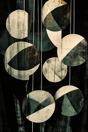 Midjourney generated image using SREF code Ethereal Apparition: A black and white painting of circles hanging from strings.