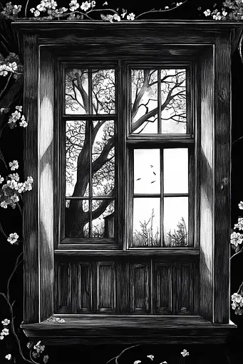 Midjourney generated image using SREF code Obsidian Musings: A black and white drawing of a window with a tree in the background.