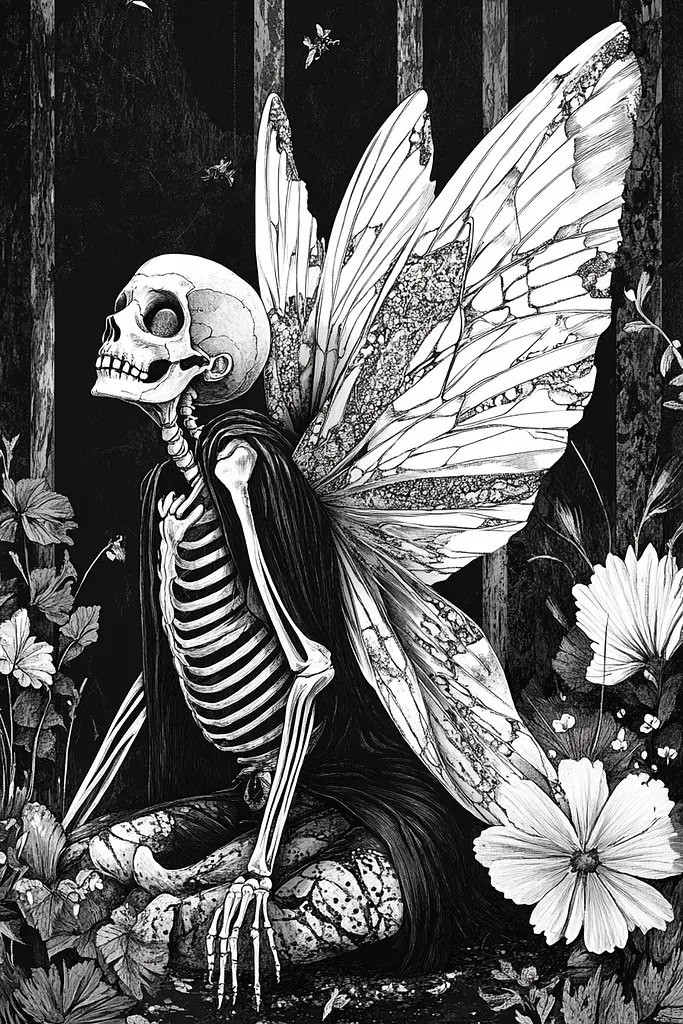 Midjourney generated image using SREF code Obsidian Musings: A black and white illustration of a skeleton sitting in a garden.