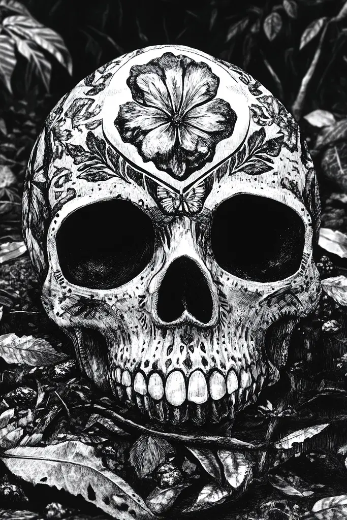 Midjourney generated image using SREF code Obsidian Musings: A black and white drawing of a skull with a flower on it.