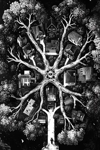 Midjourney generated image using SREF code Obsidian Musings: A black and white illustration of a tree with houses in it.