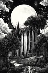 Midjourney generated image using SREF code Obsidian Musings: A black and white illustration of a full moon over a forest.