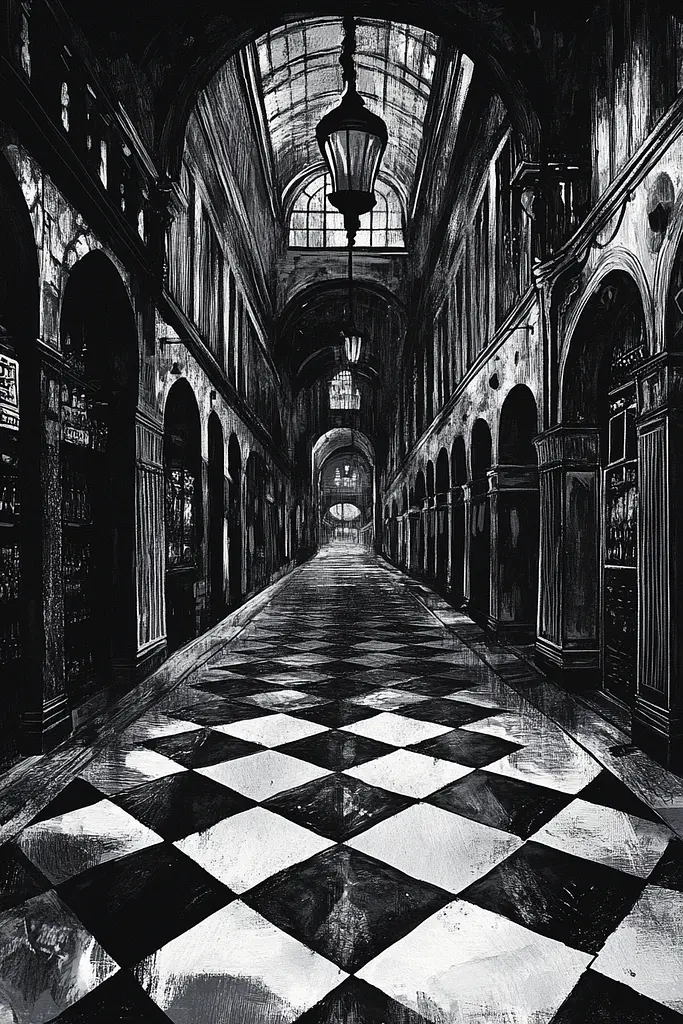 Midjourney generated image using SREF code Obsidian Musings: A black and white photo of a long hallway with a checkered floor.