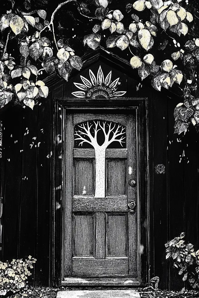 Midjourney generated image using SREF code Obsidian Musings: A black and white drawing of a door with a tree on it.