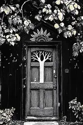 Midjourney generated image using SREF code Obsidian Musings: A black and white drawing of a door with a tree on it.