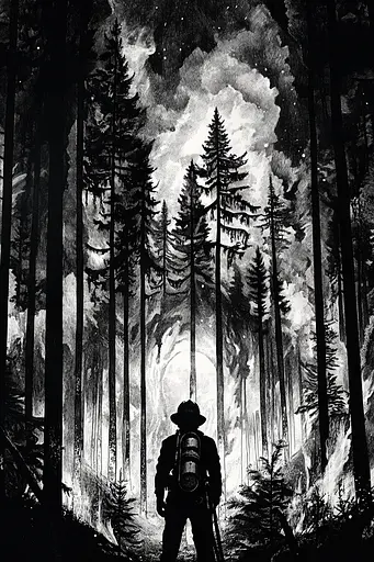 Midjourney generated image using SREF code Obsidian Musings: A man with a backpack standing in the middle of a forest.