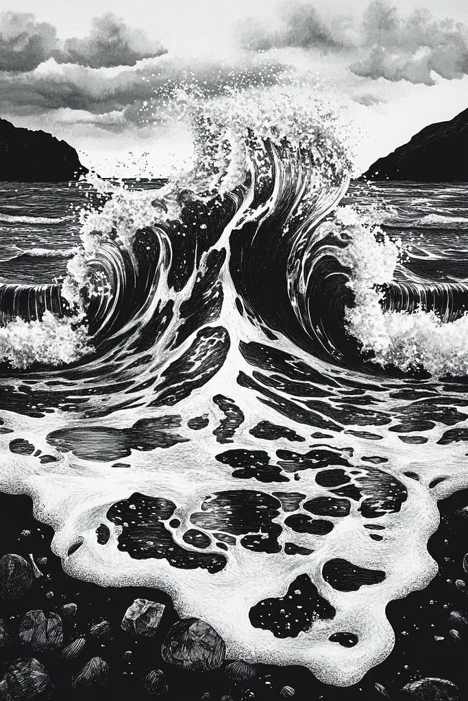 Midjourney generated image using SREF code Obsidian Musings: A black and white drawing of a large wave in the ocean.