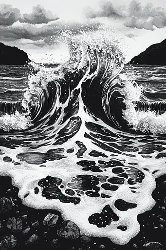 Midjourney generated image using SREF code Obsidian Musings: A black and white drawing of a large wave in the ocean.