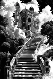 Midjourney generated image using SREF code Obsidian Musings: A black and white illustration of a stairway leading to a large building.