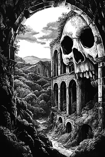 Midjourney generated image using SREF code Obsidian Musings: A black and white illustration of a skull in an archway.