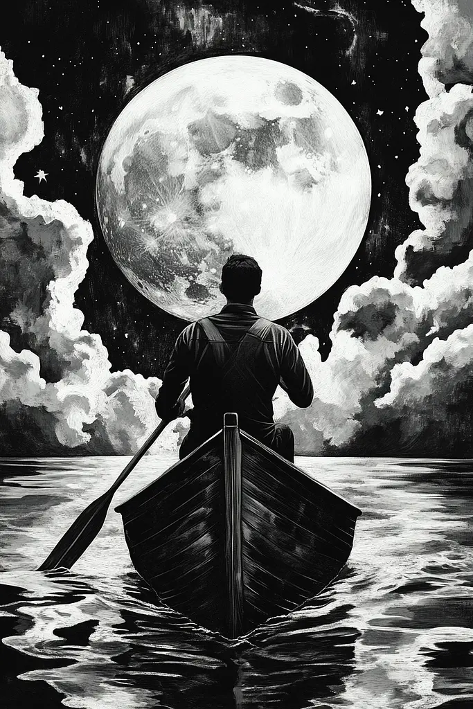 Midjourney generated image using SREF code Obsidian Musings: A man rowing a boat in the moonlight with a full moon in the background.