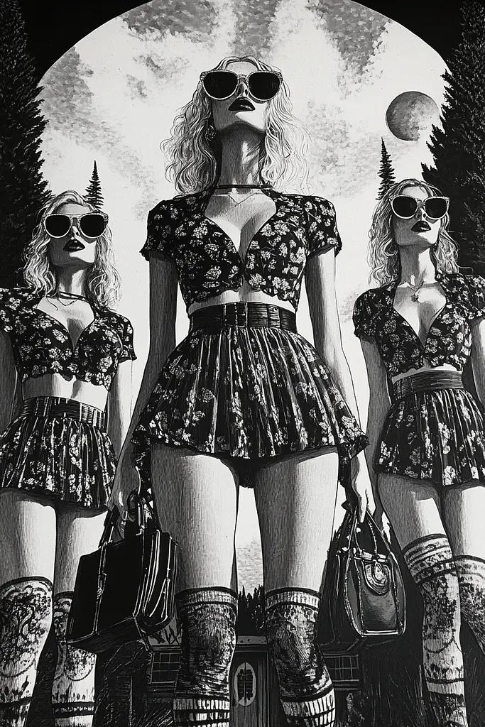 Midjourney generated image using SREF code Obsidian Musings: A black and white illustration of three women wearing sunglasses.