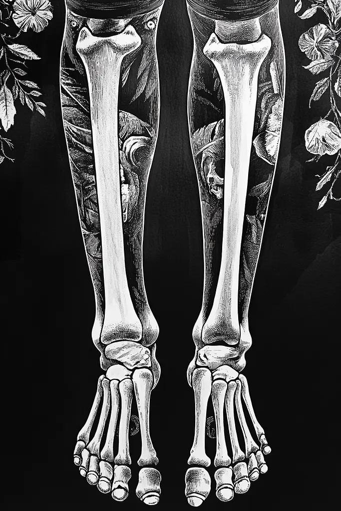 Midjourney generated image using SREF code Obsidian Musings: A black and white drawing of a pair of legs with a skeleton on them.