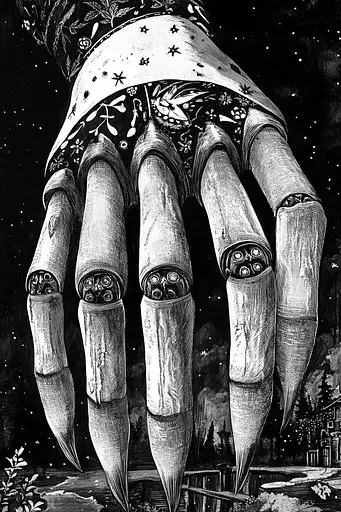 Midjourney generated image using SREF code Obsidian Musings: A black and white drawing of a giant hand.