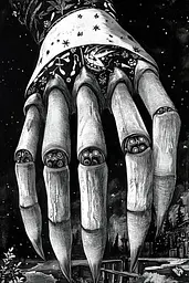 Midjourney generated image using SREF code Obsidian Musings: A black and white drawing of a giant hand.