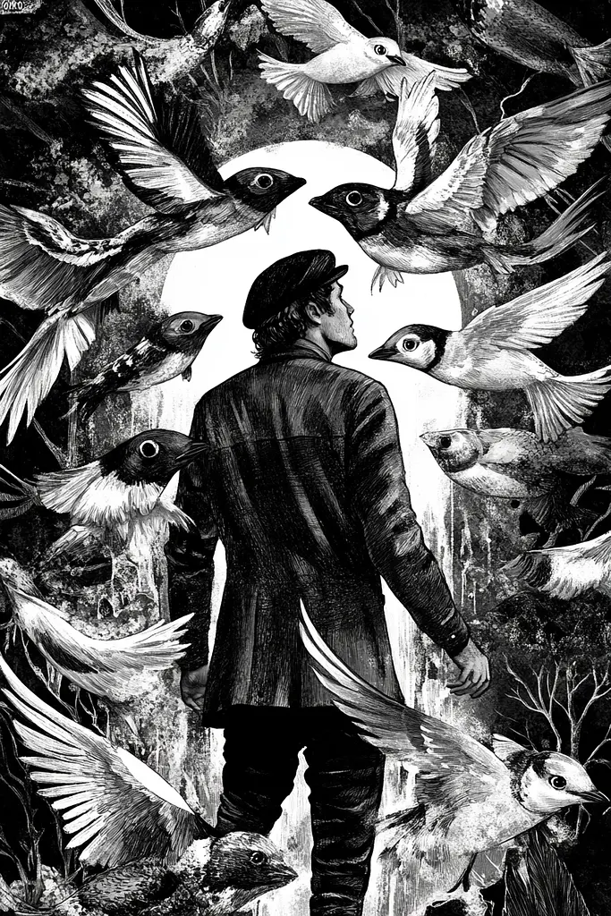 Midjourney generated image using SREF code Obsidian Musings: A man standing in front of a flock of birds.