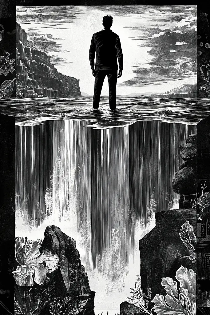 Midjourney generated image using SREF code Obsidian Musings: A man standing in front of a waterfall.