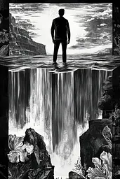 Midjourney generated image using SREF code Obsidian Musings: A man standing in front of a waterfall.