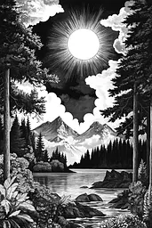 Midjourney generated image using SREF code Obsidian Musings: A black and white illustration of a lake surrounded by trees.