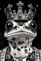 Midjourney generated image using SREF code Obsidian Musings: A drawing of a frog wearing a crown.