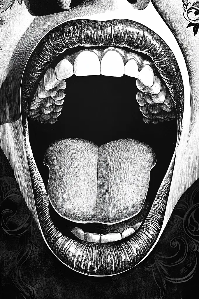 Midjourney generated image using SREF code Obsidian Musings: A black and white drawing of a woman's mouth with her tongue out.