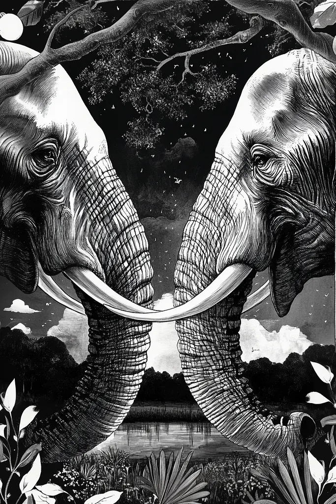 Midjourney generated image using SREF code Obsidian Musings: A black and white illustration of two elephants in a forest.