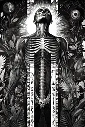 Midjourney generated image using SREF code Obsidian Musings: A black and white illustration of a human skeleton surrounded by plants.