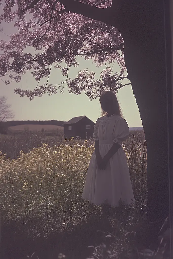 Midjourney generated image using SREF code Pastel Phantasm: A woman in a white dress standing under a tree.