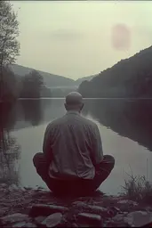 Midjourney generated image using SREF code Pastel Phantasm: A man sitting on the shore of a lake.