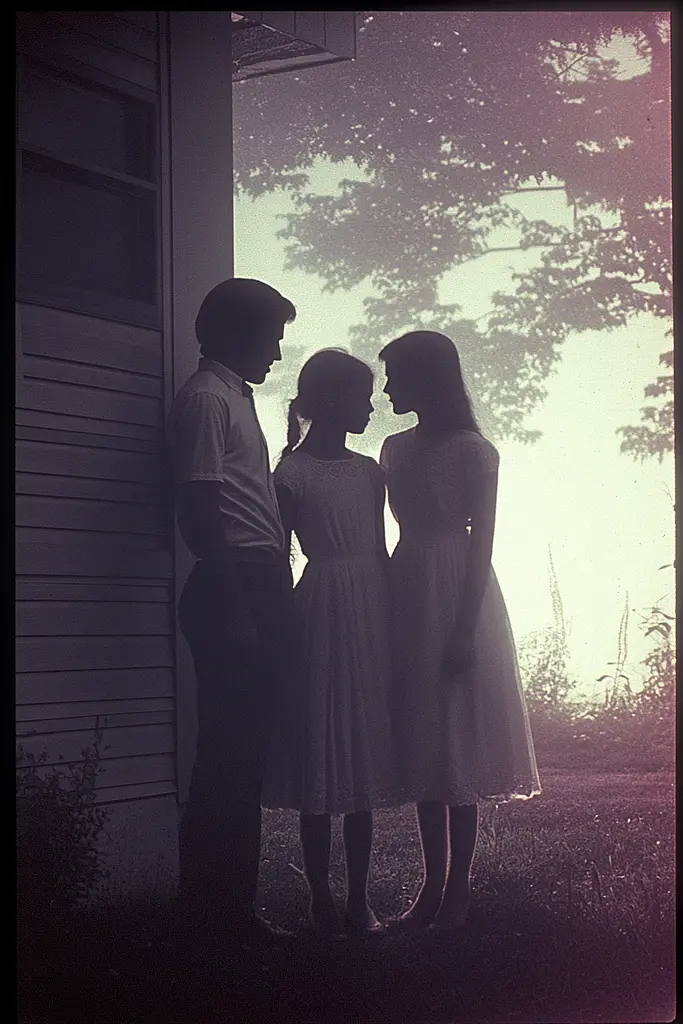 Midjourney generated image using SREF code Pastel Phantasm: A silhouette of a family standing in front of a house.