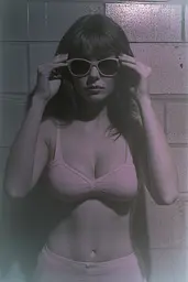 Midjourney generated image using SREF code Pastel Phantasm: A woman in a pink bikini and sunglasses posing for a picture.