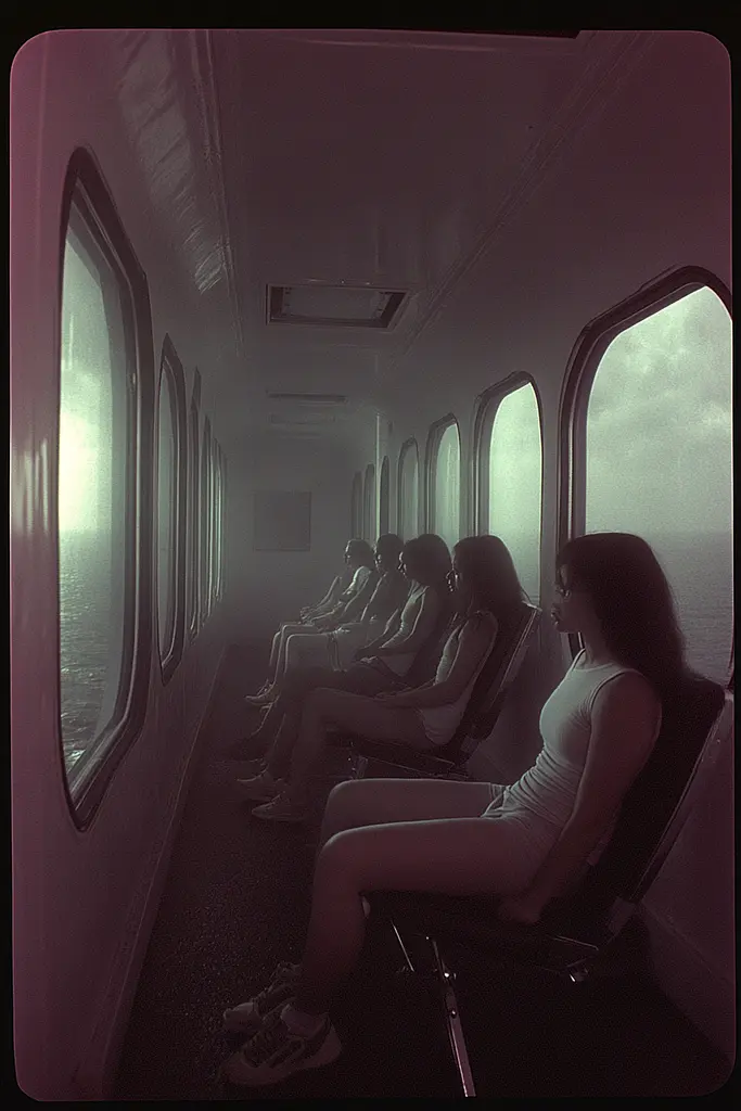 Midjourney generated image using SREF code Pastel Phantasm: A group of women sitting on a train looking out the window.