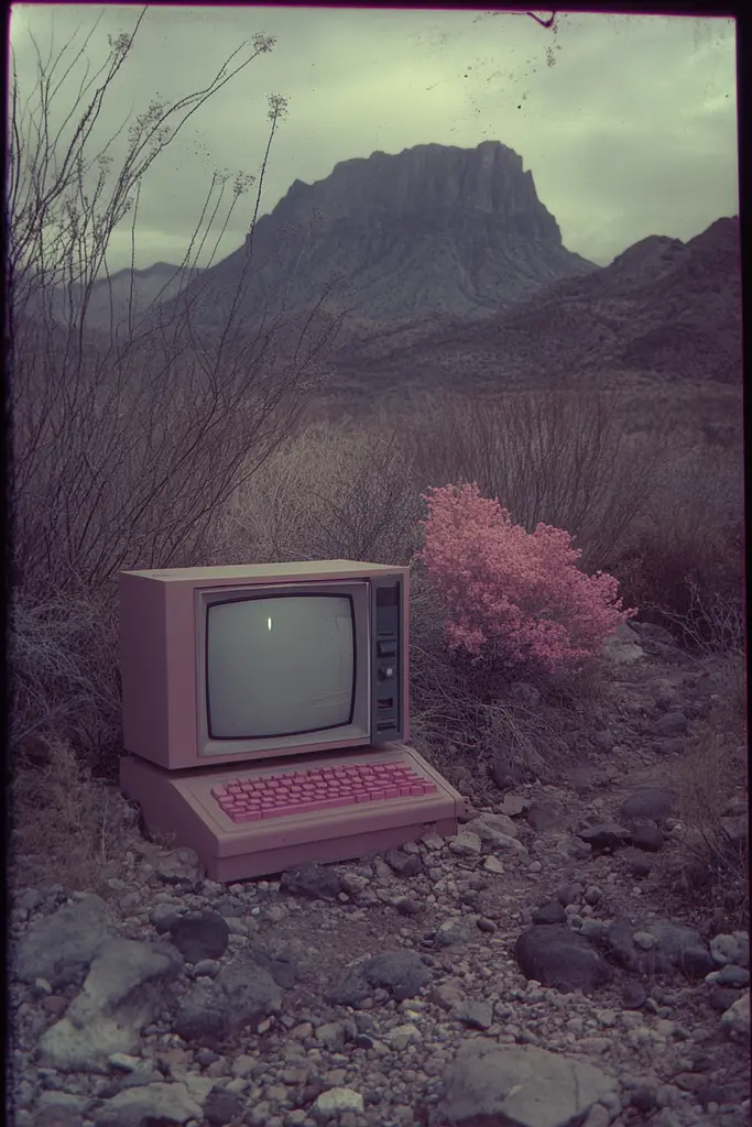 Midjourney generated image using SREF code Pastel Phantasm: An old computer sitting in the middle of a desert.