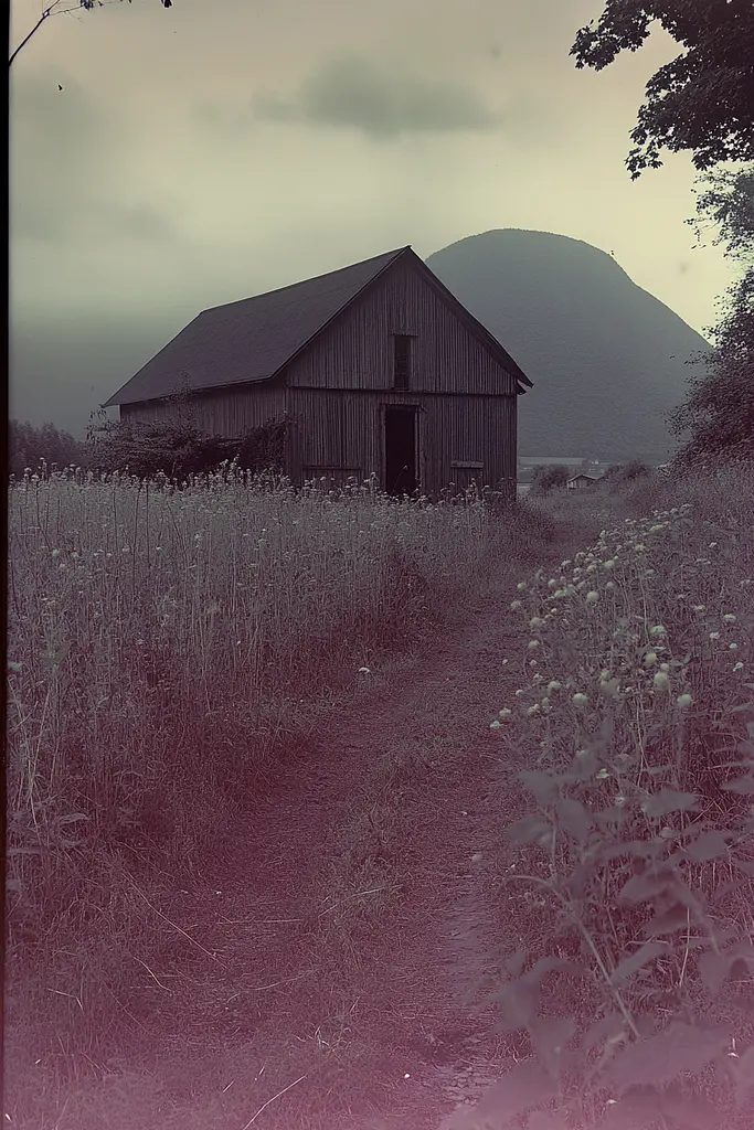 Midjourney generated image using SREF code Pastel Phantasm: An old barn sits in the middle of a field.