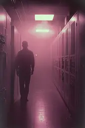 Midjourney generated image using SREF code Pastel Phantasm: A man walking down a long hallway in a server room.