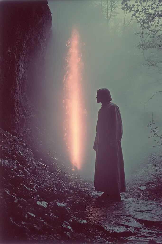 Midjourney generated image using SREF code Pastel Phantasm: A man in a black robe standing in front of a waterfall.