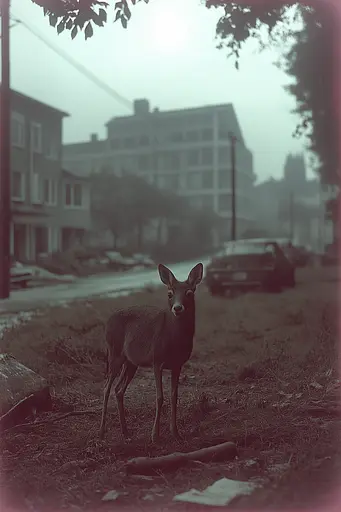 Midjourney generated image using SREF code Pastel Phantasm: A deer standing in the middle of a dirt road.