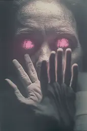 Midjourney generated image using SREF code Pastel Phantasm: A man with red eyes covering his face with his hands.