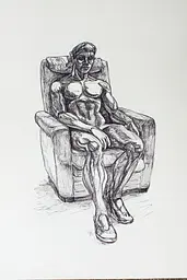 Midjourney generated image using SREF code Gritty Narratives: A drawing of a woman sitting in a chair.